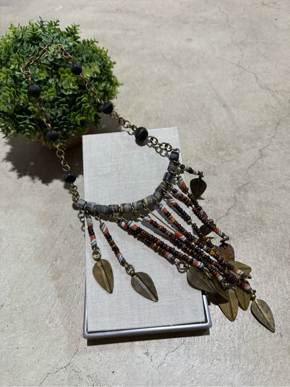 Artisan Tribal Statement Necklace Beaded Chunky Boho Eclectic Earthy Brass Leaf